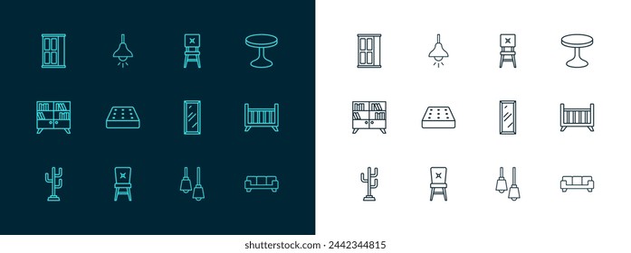 Set line Round table, Chair, Big full length mirror, Lamp hanging, Mattress, Wardrobe and  icon. Vector