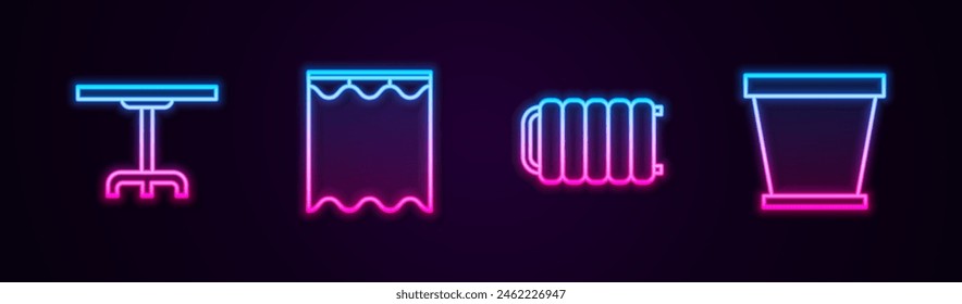 Set line Round table, Curtains, Heating radiator and Flower pot. Glowing neon icon. Vector