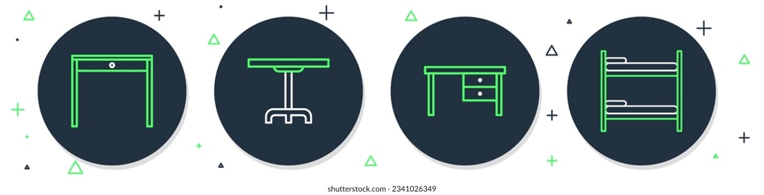 Set line Round table, Office desk, Wooden and Bunk bed icon. Vector