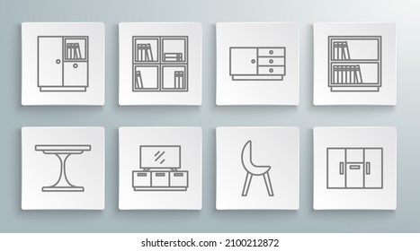 Set line Round table, Shelf with books, TV stand, Armchair, Wardrobe, Chest of drawers, Library bookshelf and  icon. Vector