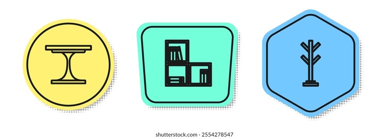 Set line Round table, Shelf with books and Coat stand. Colored shapes. Vector
