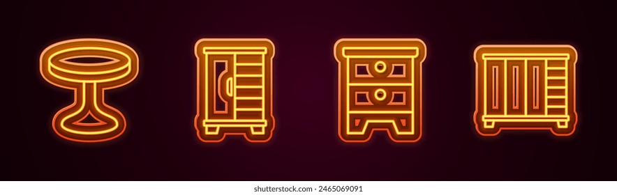 Set line Round table, Wardrobe, Furniture nightstand and . Glowing neon icon. Vector