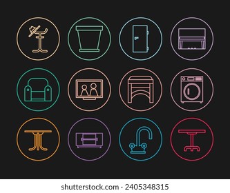 Set line Round table, Washer, Closed door, Picture frame on, Armchair, Coat stand, Chair and Flower pot icon. Vector