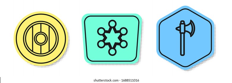 Set line Round wooden shield, Police badge and Medieval axe. Colored shapes. Vector