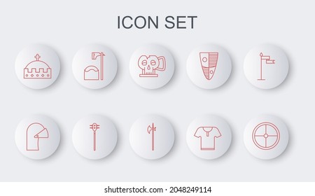 Set line Round wooden shield, Medieval iron helmet, Cup from the skull, Body armor, King crown, Executioner axe tree block, chained mace ball and halberd icon. Vector