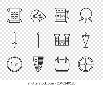 Set line Round wooden shield, Wooden mug, Shield, Decree, parchment, scroll, Medieval spear, Body armor and flag icon. Vector