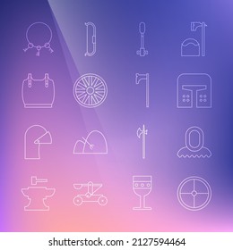 Fijar la línea Protector de madera redonda, capó medieval, casco de hierro, llama de antorcha, rueda antigua, armadura de cuerpo, llaves e icono de hacha. Vector