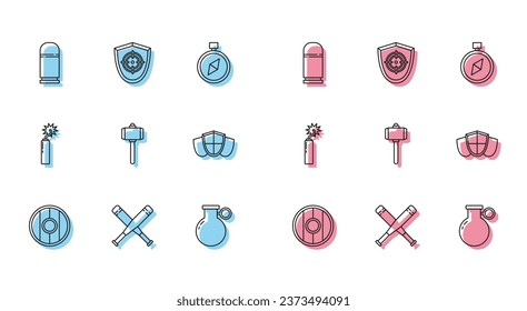 Set line Round wooden shield, Crossed baseball bat, Cartridges, Hand grenade, Battle hammer, Shield, Dynamite bomb stick clock and Target sport icon. Vector