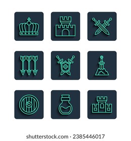 Set line Round wooden shield, Poison in bottle, Castle, fortress, Crossed medieval sword, Medieval with swords, arrows, King crown and Sword the stone icon. Vector