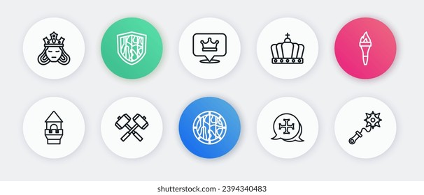 Fijar el escudo redondo de madera, la llama de la antorcha, la torre del castillo, la cruzada, la corona del rey, el encaje con picos y martillos de batalla cruzados icono. Vector