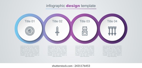Set line Round wooden shield, Medieval sword, Poison in bottle and Crossed arrows. Business infographic template. Vector