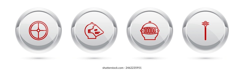 Set line Round wooden shield, Medieval iron helmet,  and chained mace ball. Silver circle button. Vector