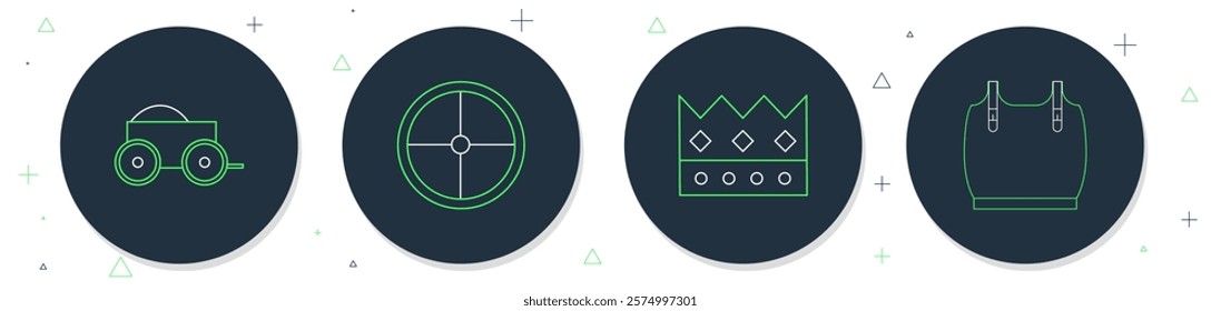 Set line Round wooden shield, King crown, Wooden four-wheel cart and Body armor icon. Vector