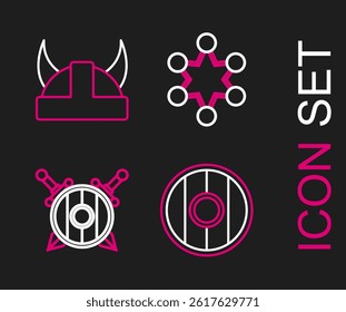 Set line Round wooden shield, Wooden with crossed swords, Police badge and Viking in horned helmet icon. Vector