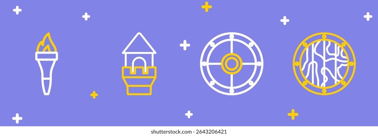 Set line Round wooden shield, Castle tower and Torch flame icon. Vector