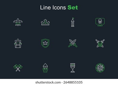 Set-Linie Runder Holzschild, Mittelalterlicher Kelch, Schlossturm, Kreuzte Mittelalterliche Äxte, Schädel mit Schwert, Schildkrone und Thronsymbol. Vektorgrafik
