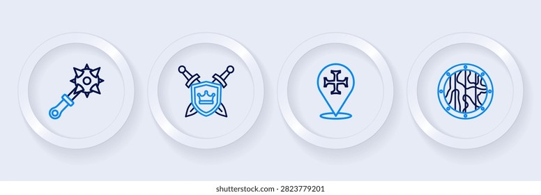 Set line Round wooden shield, Crusade, Shield with swords and Mace spikes icon. Vector