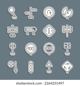 Set line Roundabout traffic sign, Traffic turn right, light, Turn back road, Road, barrier,  and Exclamation mark in triangle icon. Vector