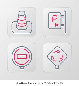 Set line Roundabout traffic sign, Stop, Parking and Traffic cone icon. Vector