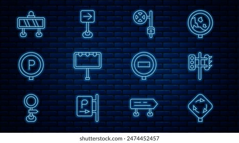 Establezca la línea Señal de tráfico de la rotonda, Semáforo, Parada con cámara, Luces de cartelera, Estacionamiento, Barrera de carretera y gire a la derecha icono. Vector