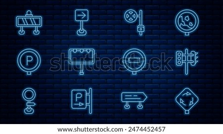 Set line Roundabout traffic sign, Traffic light, Stop with camera, Billboard lights, Parking, Road barrier,  and turn right icon. Vector