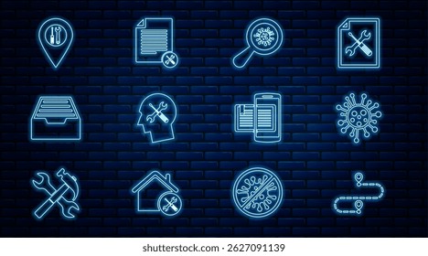 Set line Route location, Bacteria, Microorganisms under magnifier, Human head service, Drawer with documents, Location, Smartphone and book and File icon. Vector
