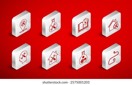 Set line Route location, Bioengineering service, Interesting facts, House, Test tube with virus, Location,  and Human head icon. Vector