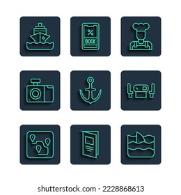 Set line Route location, Brochure, Shark fin in ocean wave, Cook, Anchor, Photo camera, Cruise ship and Poker table icon. Vector