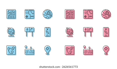 Set line Route location, Broken road, Gps device with map, Medical cross, Road traffic sign, Compass mobile, Earth globe and Infographic of city icon. Vector