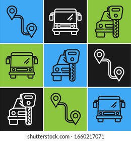 Set line Route location, Car rental and Bus icon. Vector