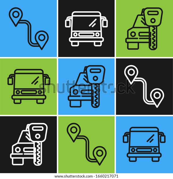 Set\
line Route location, Car rental and Bus icon.\
Vector
