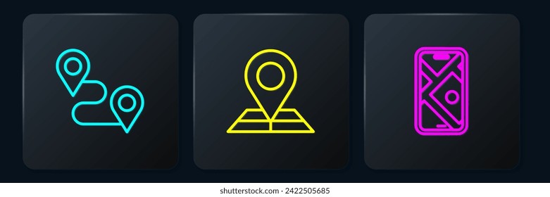 Set line Route location, City map navigation and Folded with marker. Black square button. Vector
