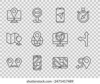 Set line Route location, City map navigation, Monitor with marker, Location the globe,  and Road traffic sign icon. Vector