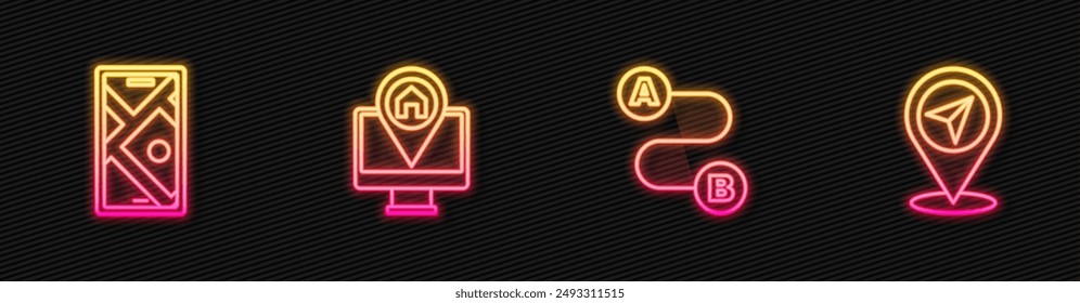 Set line Route location, City map navigation, Monitor with and Map pin. Glowing neon icon. Vector