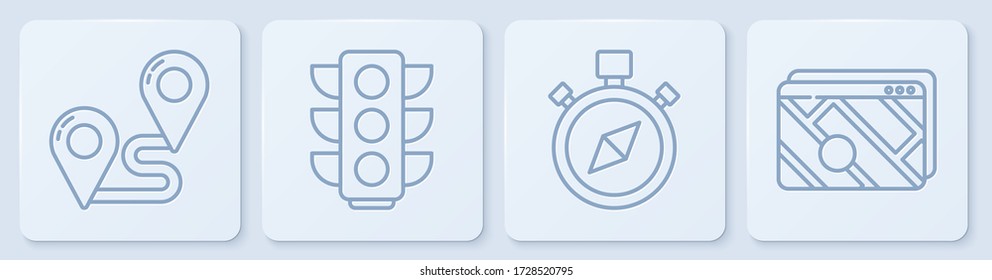 Set line Route location, Compass, Traffic light and Infographic of city map navigation. White square button. Vector