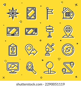 Set line Route location, Compass, Location, marker, Gps device with map, Wind rose and Road traffic sign icon. Vector