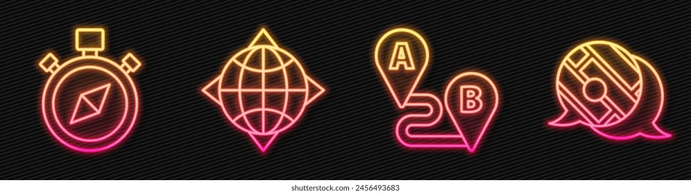 Set line Route location, Compass, World globe with compass and Infographic of city map navigation. Glowing neon icon. Vector