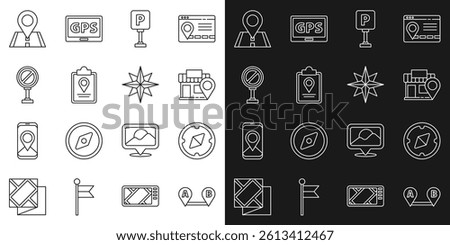 Set line Route location, Compass, Location with store, Parking, Folded map marker, Stop sign,  and Wind rose icon. Vector