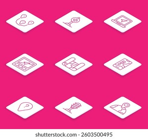 Set line Route location, Location with cross hospital, Laptop marker, Gps device map, Folded, City navigation, Unknown route point and Traffic light icon. Vector