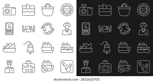 Set line Route location, Cruise ship, Tourist, Beach bag, Poker table, ticket, Photo camera and Worldwide icon. Vector