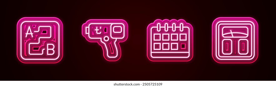 Set line Route location, Digital thermometer, Calendar and Bathroom scales. Glowing neon icon. Vector