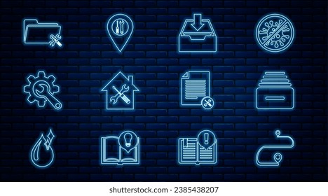 Set line Route location, Drawer with documents, Download inbox, House service, Wrench and gear, Folder, File and Location icon. Vector