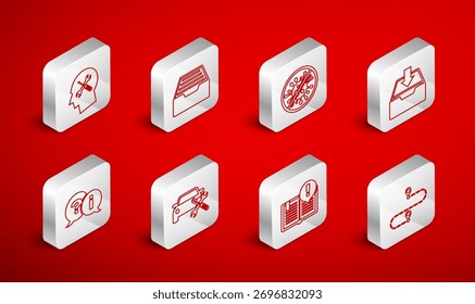 Set line Route location, Drawer with documents, Stop virus, bacteria, Download inbox, Interesting facts, Human head service, Car and Question and Exclamation icon. Vector