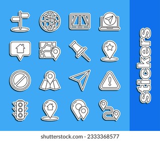 Set line Route location, Exclamation mark in triangle, Map pointer with star, Infographic of city map navigation, Folded marker, house, Road traffic sign and Push pin icon. Vector