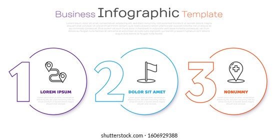 Set line Route location, Flag and Medical map pointer with cross hospital. Business infographic template. Vector