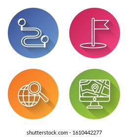 Set line Route location, Flag, Magnifying glass with globe and Monitor and folded map with location. Color circle button. Vector