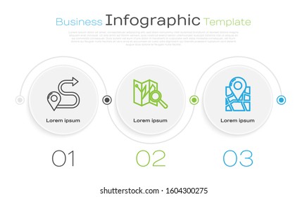 Set line Route location, Folded map with location marker and Folded map with location marker. Business infographic template. Vector