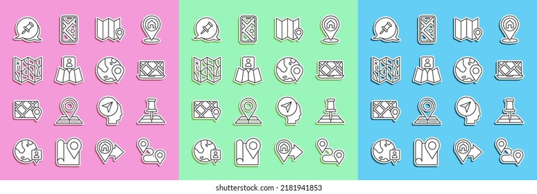 Set line Route location, Folded map with marker, City navigation, Push pin and Location the globe icon. Vector