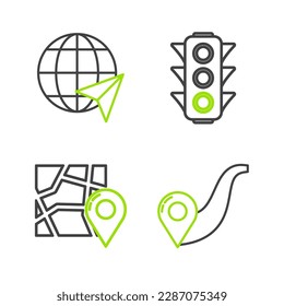 Set line Route location, Folded map with marker, Traffic light and Location the globe icon. Vector