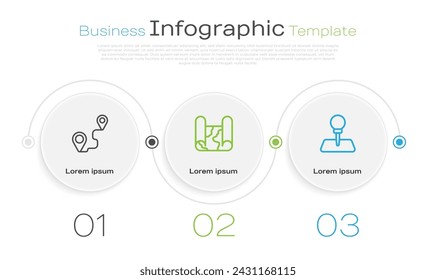 Set line Route location, Folded map and Push pin. Business infographic template. Vector